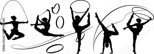 Rhythmic gymnastics silhouettes athletes performing jumps, balance, hoop, ribbon, rope routine, graceful sport illustration isolated white background dynamic movement composition