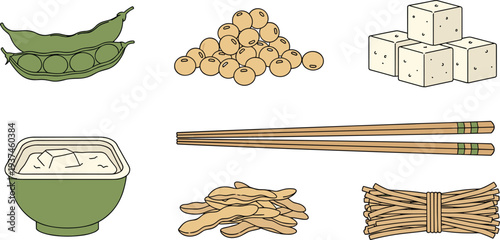 Soybean Product Set Featuring Edamame Pods Dried Soy Beans Tofu Cubes Miso Soup and Natto for Healthy Vegan and Asian Cuisine Design.