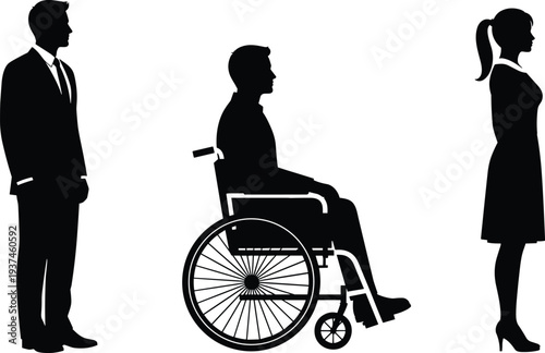 Business people silhouettes showing wheelchair disability and standing figures, social inclusion accessibility concept, equality, support, healthcare, diversity, 
