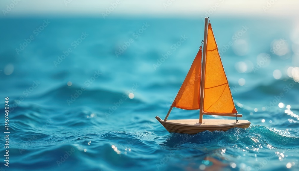 Fototapeta premium Small wooden sailboat with orange sail floats on bright blue wavy sea. Close up view of miniature toy boat drifting on clear ocean water surface under sunny sky.