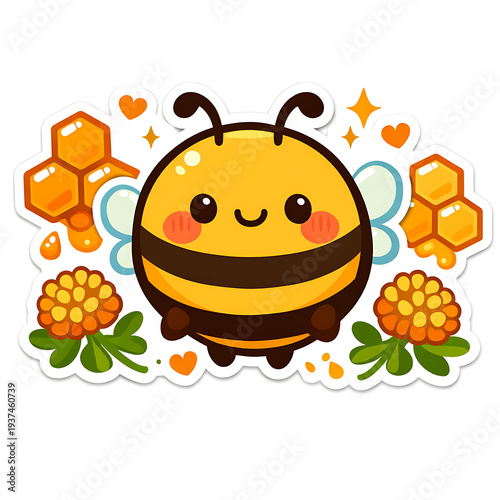 Cute Kawaii Bee Sticker with Honeycomb Flowers and Hearts on White Background