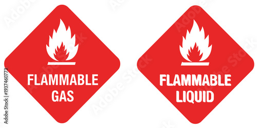 Flammable gas and flammable liquid hazard labels, dangerous chemical fire warning signs, safety transport symbol illustration set
