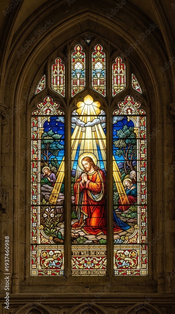 Fototapeta premium Jesus praying stained glass window with glowing light rays 