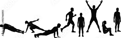 Fitness training silhouette sequence showing men and women performing workout exercises, strength and endurance movements, healthy lifestyle and active body training isolated on white background