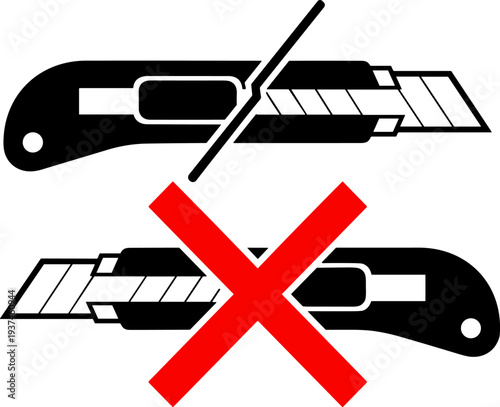 Utility knife blade direction warning icon, correct and incorrect box cutter usage, safety instruction symbol, cutting tool guideline