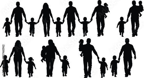Family silhouettes walking together holding children hands, parents with kids bonding, love, care and togetherness concept, happy family lifestyle isolated on white background