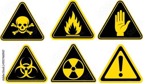 Warning hazard signs set, toxic flammable radiation biohazard stop caution industrial safety danger symbols black yellow triangular alert risk icons