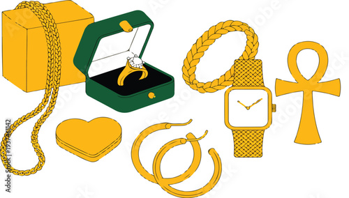 Gold Jewelry Collection Vector Illustration Featuring Luxury Accessories Including Rings, Necklaces, Bracelets and Earringsv