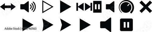 Media control icon set with play pause volume mute forward rewind symbols, black minimal buttons for music video player interface isolated on white background