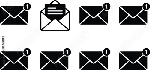 Email notification icon set showing unread message envelopes with alert badges, black and white mail symbols for inbox, communication apps, web and UI design