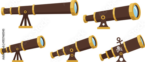 Vintage Wooden Spyglass and Brass Telescope Set with Pirate Skull Symbol for Maritime Navigation and Nautical Adventure Design.