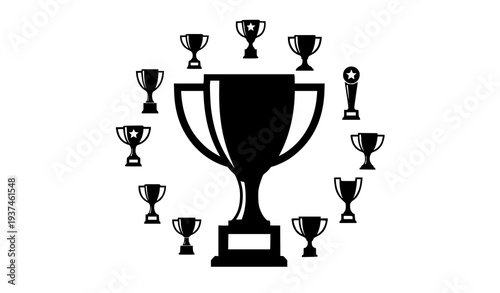 Champion trophy cup silhouette vector with award prize icons arranged in circular composition