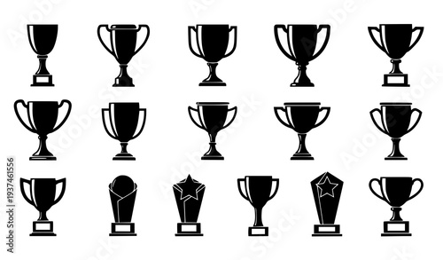 Trophy cup award silhouette vector set with champion goblet prize icons isolated on white background