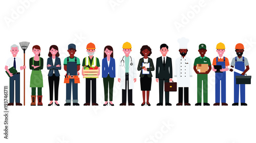 Diverse professional occupations and career characters standing group