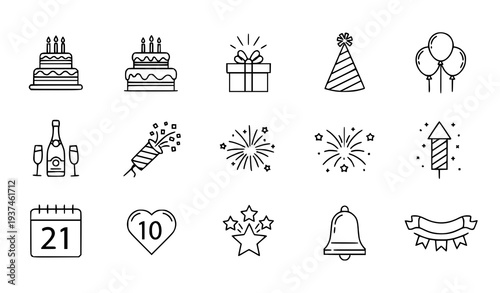 A set of minimalist line art icons celebrating a birthday party