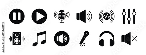Audio and music icons for sound control and playback