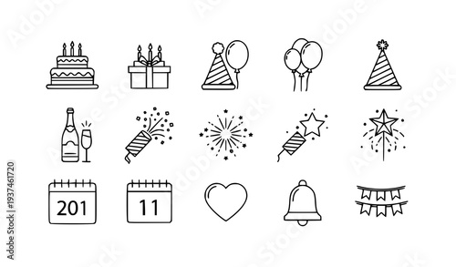A set of minimalist line art icons celebrating a birthday party