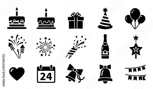 A set of black and white vector icons celebrating a birthday party