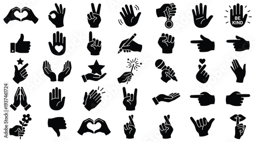 Black silhouette hand gestures and sign language symbols set vector
