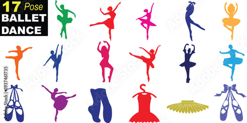 Ballet dancer poses silhouettes colorful collection for dance art and performance