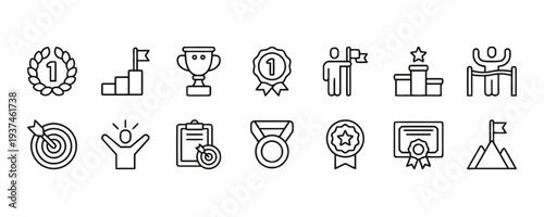 Awards and achievement icons, trophy medal certificate and first place symbols, success concepts