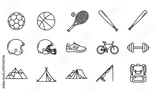 A collection of outdoor and sports icons in a minimalist line art style