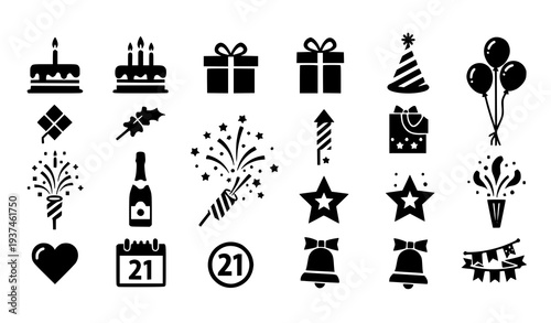 A set of black and white icons celebrating a 21st birthday party