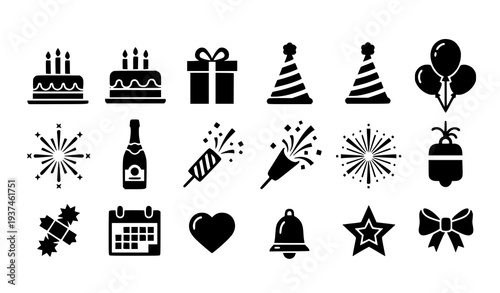 A set of black and white vector icons celebrating a birthday party
