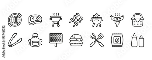Barbecue grill and food icons for outdoor cooking and summer parties