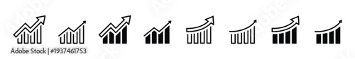 Bar chart icons showing upward trend and growth in outline and solid fill styles