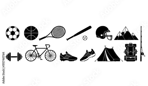 A collection of black and white vector icons depicting various sports and outdoor activities