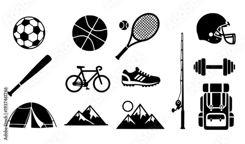 A collection of black and white vector icons depicting various sports equipment and outdoor activities