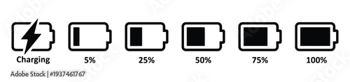 Battery charge level icons showing charging empty and full battery status for power indicators