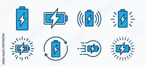 Battery icons charging battery low battery and full battery icons with energy symbol