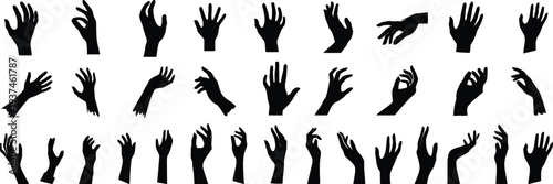 Black silhouette of diverse hands in multiple expressive poses