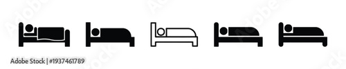 Bed icons with sleeping person, representing rest and sleep in various styles