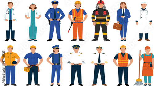 Professional Occupations Character Vector Set Featuring Doctor, Nurse, Police Officer, Firefighter, Engineer, Chef and Business People