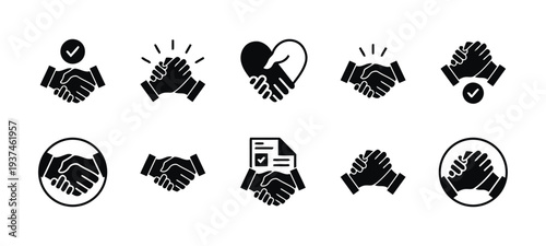 Business cooperation and partnership agreement solid glyph icons set