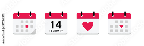Calendar icons for February 14th, showing date, heart, and event marking