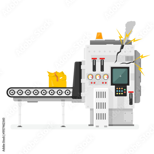 Concept Automated Industrial Machine Accident Broken Factory Technology Machine Faulty Packaging and Damaged Goods - vector illustration flat style Color Cartoon