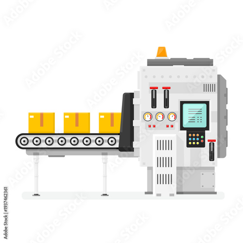 Modern Factory Technology and packing Cardboard Box concept Automated Industrial machine vector illustration flat style Color Cartoon