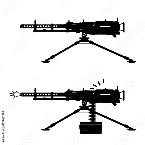 Heavy Machine Gun Combat Firearm Weapon on Tripod with Ammunition Crate - Black Vector Silhouette Icon Symbol Illustration