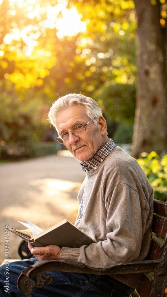 Obraz premium Elderly man reading a book on a park bench during a sunny autumn day.