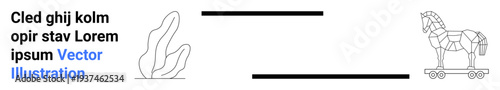 Cybersecurity, deception, cultural heritage, digital protection, historical concepts, graphic design. Geometric Trojan horse on wheels with abstract organic shape. Cybersecurity and deception