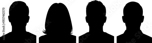 Human avatar silhouette set, male and female head and shoulders profiles, blaackground illustratio
