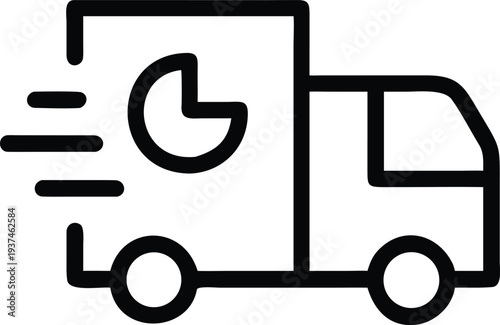 Minimalist black outline icon portraying a fast delivery truck with an on time indicator