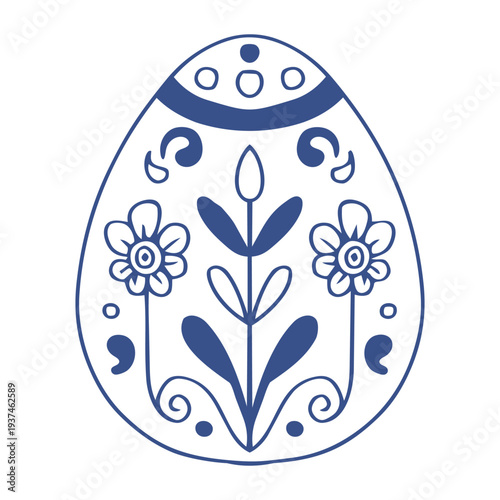 Floral folk Easter egg with symmetrical ornamental composition. Blue outline art vector illustration on white background 