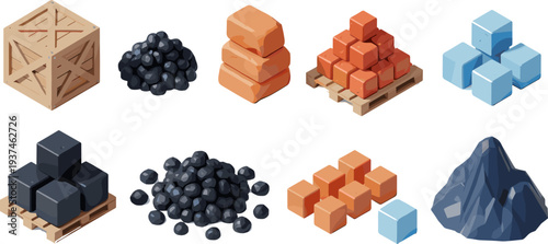 Industrial raw materials set with coal, bricks, ice cubes and wooden crate, construction and mining resources vector illustration collection