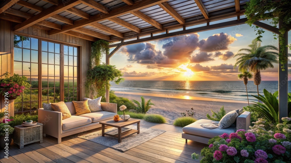 Fototapeta premium A serene beachside villa with expansive windows and a charming porch faces the golden sunsets The villas white walls blend harmoniously with the san