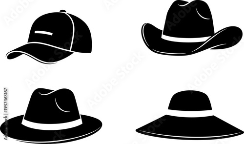 Hat silhouette set, cap cowboy fedora sunhat collection, fashion accessory vector illustration, isolated white background design